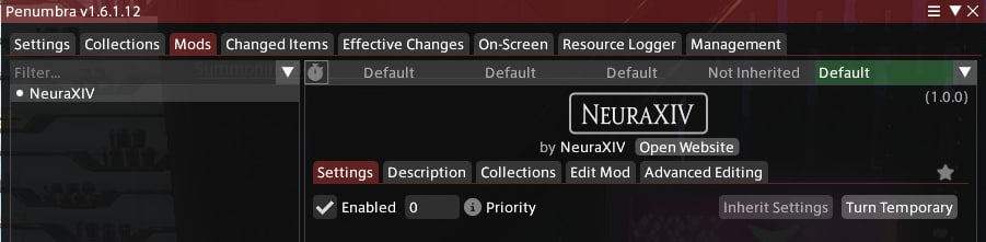 NeuraXIV в списке модов Penumbra с приоритетом 0